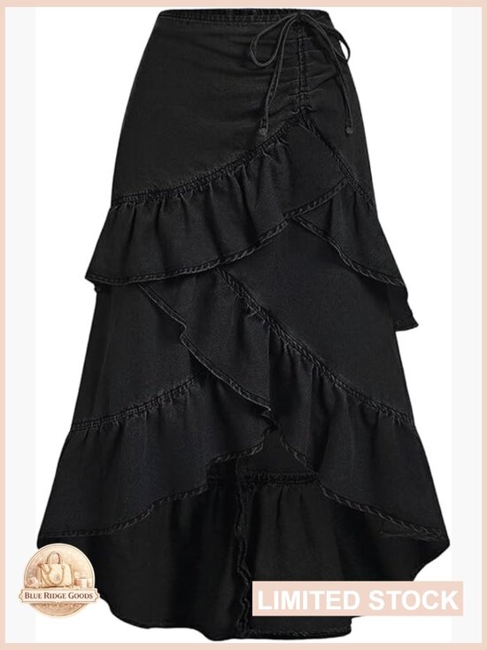Dresses & Skirts - Asymmetrical Long Jean Skirt Y2K Ruffle Denim Maxi Tiered Layered Going Out